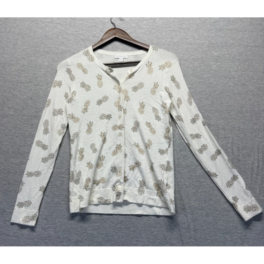 Charter Club Cardigan Sweater Womens XS White Pineapple Print Rayon Button Front